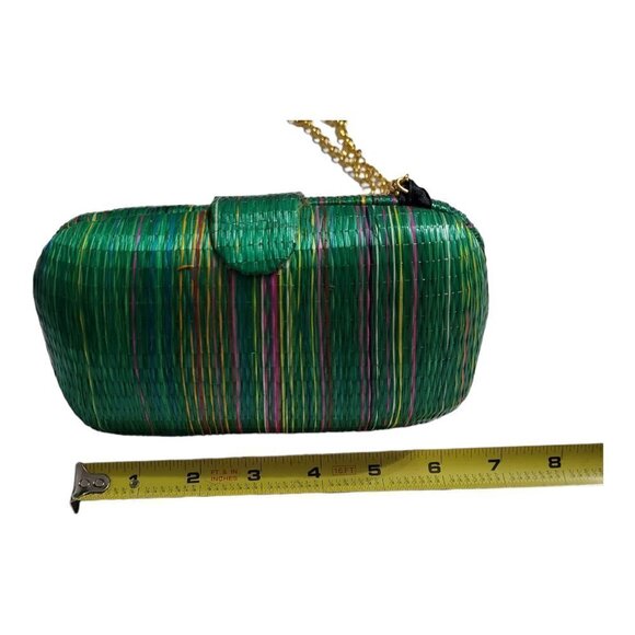 Green Raffia Shoulder Purse Gold Tone Chain Strap Striped With Snap Closure Bag - Picture 7 of 10